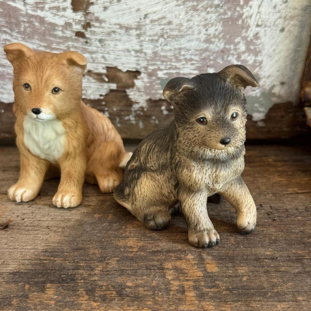 Vintage Homco 8828 Ceramic Puppy Dog Figurines Set of 2 Brown Tan Bisque Kitsch